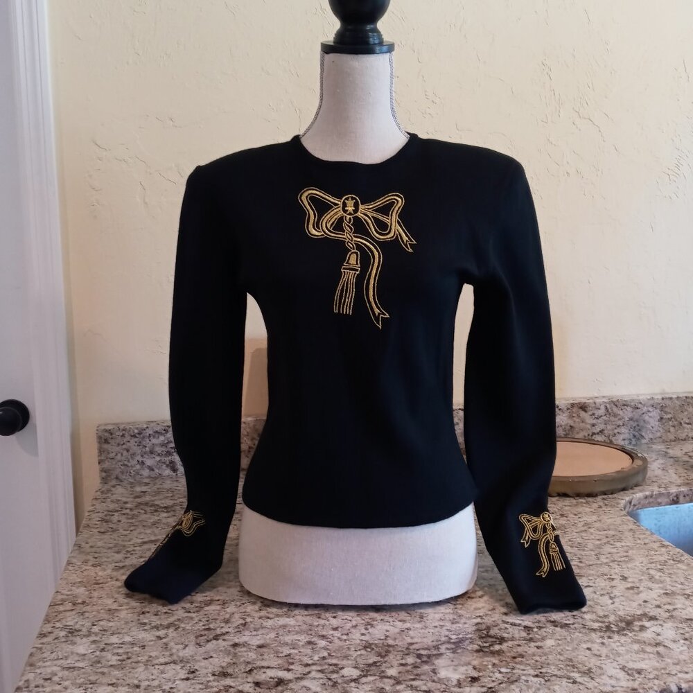 Vintage Adrienne Vittadini Black Wool Sweater with Gold Bows